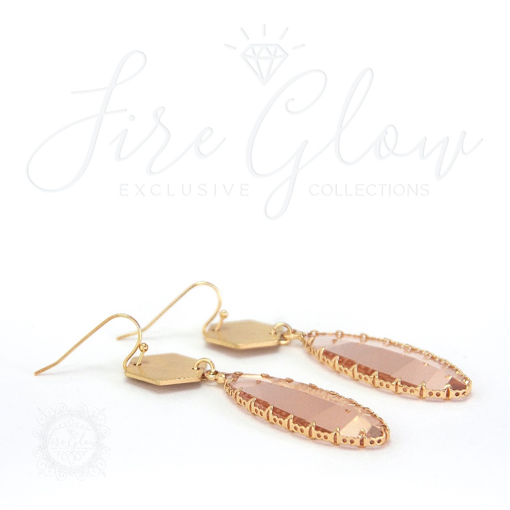 Peach Teardrop Gem Brushed Gold Tone Hex Earrings